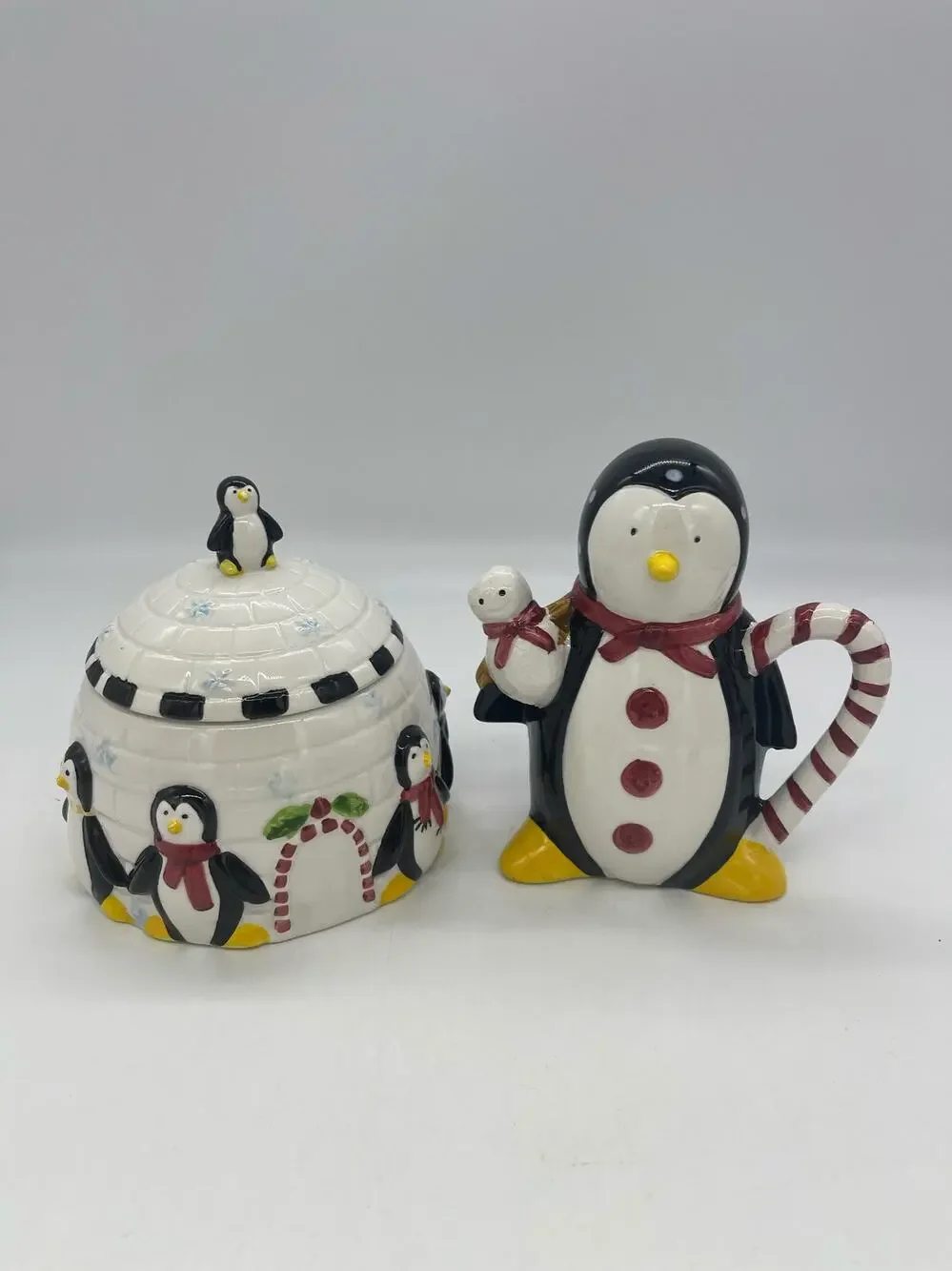 Sakura Penguins Igloo Sugar Bowl and Creamer Hand Painted